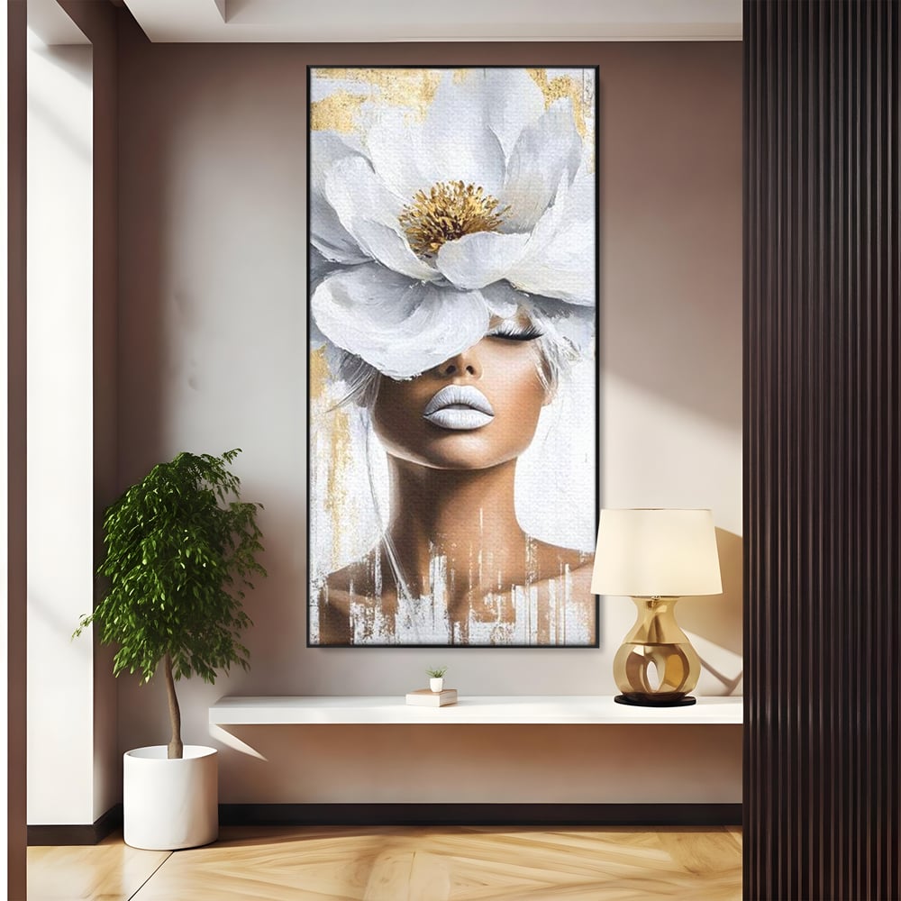 Tablou canvas cu tablou canvas cu portret de femeie si magnolie, in rama de aluminiu negru